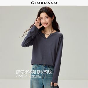 Giordano Beau Monde Women 100% cotton notch neck long sleeve tee Free Shipping 13326609