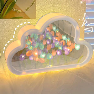Cloud Tulip Small Night Light Handmade DIY Floral Ambiance Lamp Turns on As Nightlight Turns Off As Mirror USB Charge Dual-Use Desktop Decor Valentines Birthday Gifts Soft Light for Sleep DIY Tulip/Rose Flower Craft Kit