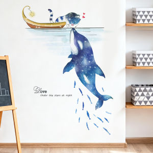 Decal giấy dán tường mèo con chơi cùng cá voi dưới ánh sao Có keo sẵn Trang trí phòng kháchphòng ngủ