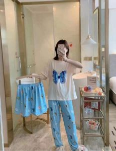 Womens Terno 3in1 Cotton Spandex Cute Cartoons Prints Tshirt Sleepwear Pajama Set  SIZE: Free size
