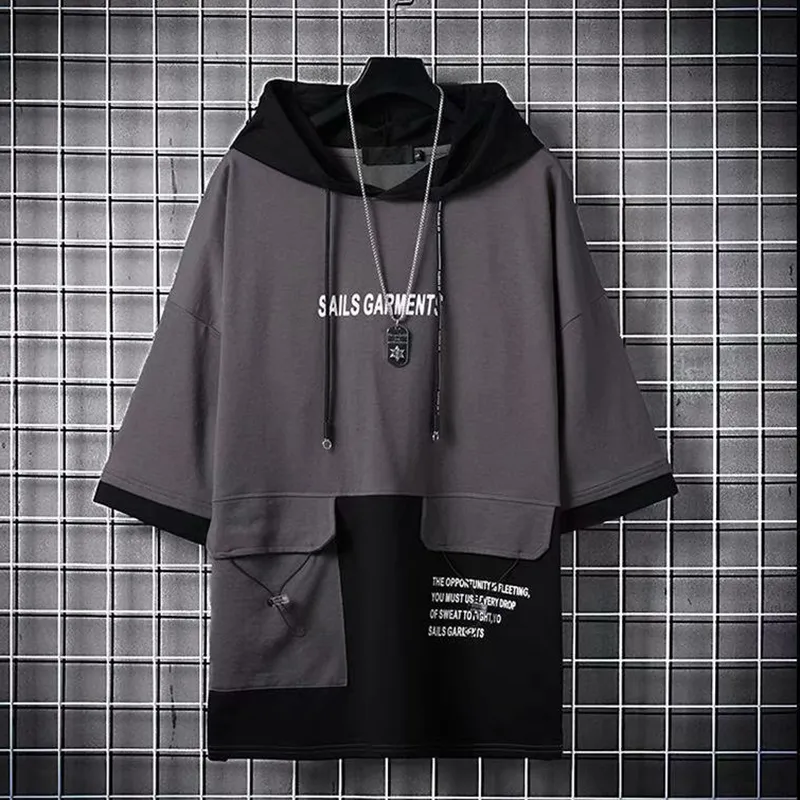 IELGY Men's Hooded Patchwork T-Shirt Loose Half Sleeve Hip Hop Hoodie  Sweatshirt