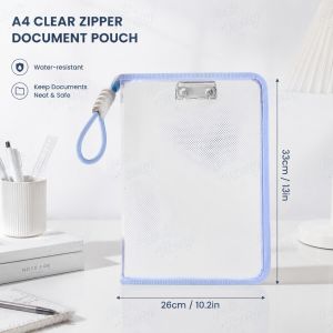 Large Capacity Transparent A4 Pouch Built-in Metal Clip File Holder Fits 6 Textbooks School Supply