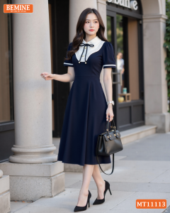 Đầm thiết kế BEMINE cổ sen phối viền gợn sống dáng chữ A phù hợp đi làm-MT11113