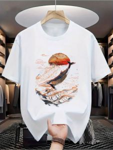 Mens Round Neck Short-Sleeved Whale Leaping Pattern T-Shirt Casual Comfortable Simple Stylish Tops Daily Exercise Men Clothes