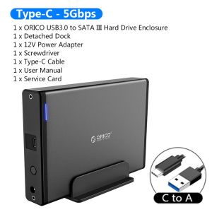 ORICO Aluminum Hard Drive HDD Enclosure USB3.0/Type-C to SATA3.0 3.5 inch HDD Case Docking Station Support UASP 12V2A Power