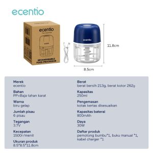 ECENTIO Dark Blue Mini Chopper Blender 6 Pisau 250ml Portable Penggiling Bumbu Dapur Portable Penumbuk Bawang