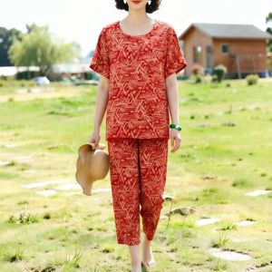 Plus-Size Printed T-Shirt And Capri Pants Two-Piece Set For Middle-Aged And Elderly L2673