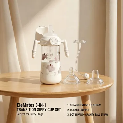 youkebei 3-in-1 Training Sippy Cup Set 300ML/10oz PP BPA-Free Baby Bottle with Gravity Ball Straw Toddler Drinking Cup