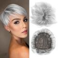 QUEENTAS Short Hair Topper for Women with Thinning Hair Daily Wear 360 ° 3D Cover Up 6.5"*6" Fluffy Hair Pieces with Bangs(Grey to Silver). 
