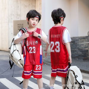 ชุดบาสเก็ตบอลสำหรับเด็กฤดูร้อนชุดออกกำลังกายกลางแจ้งแขนสั้นแบบอินเทรนด์แห้งเร็ว