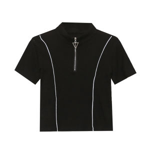 REHIN Womens top Summer new design decorated fashion short-sleeved T-shirt bottoming shirt Zipper V-neck elegant black blouse