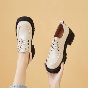 IELGY New Thick-soled Block Heel British Style Leather Shoes Womens Loafers Work Shoes