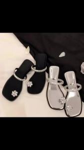 [Free Shipping] Summer 2026 Plus-Size Rhinestone One-Strap Silver Slippers For Women Square-Toe Open-Toe Sandals To Match Dresses