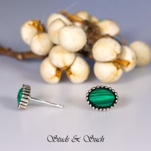 [Studs & Such] 925 Silver Stud Earrings With Natural Oval Malachite Cabochon Stone