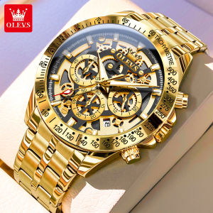 OLEVS chronograph gold watch for men waterproof multifunctional stainless steel hollow sports watch