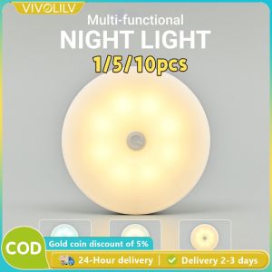 VIVOLILV (Delivery 2-3 days) 💡🌟 1/5/10pcs LED circular night light 3-color wireless small night light USB charging staircase learning wardrobe light