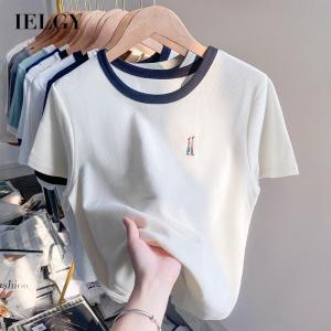 IELGY womens thin waffle short sleeve embroidered t-shirt