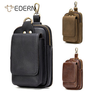 EDERN กระเป๋าคาดเอวหนังแท้สำหรับผู้ชายย้อนยุค โทรศัพท์มือถือ กระเป๋าคาดเอวพร้อมตะขอกันน้ำหนังวัว กระเป๋าเข็มขัด Fanny Pack