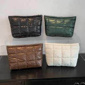 NHSFUZXX     PU Leather Puffer Pouch Large Capacity Cotton Filled Thick Plaid Clutch Bag Organizer Bag Storage Purse Puffer Padded Makeup Bag Women