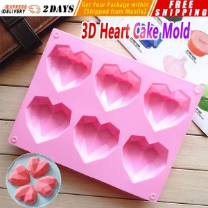 【3D Heart Shape】Silicone Cake Mold Pudding Jelly Mould Diamond Love Heart Shape Hand Soap Model 6 Pack Pink Diamond-Heart-Mold