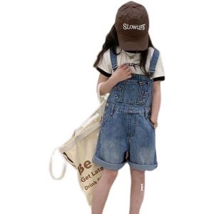 เอี๊ยมขาสั้น5ส่วน สีฟอกนิดๆ เนื้อผ้านิ่มสวมใส่สบาย สำหรับเด็กโตทรงโครเรียสายเอี๊ยมเกี่ยวตะขอปรับระดับได้ตามต้องการ