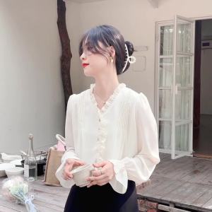 AMMIN French Ruched V-Neck Ruffle Patchwork Single-Breasted Sweet Bell Sleeve Chiffon Blouse Womens 2025 Early Autumn New Fashion Ruched Design Long Sleeve Commuting Elegant Blouse