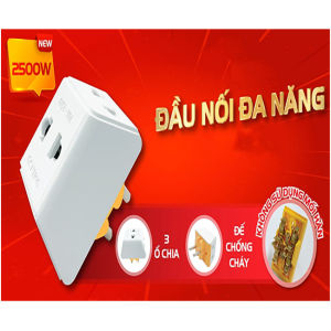 Ổ cắm chia điện thông minh 3 cửa chân đôi Cao Cấp Siêu chịu tải 2500W nhỏ gọn tiết kiệm diện tích ( Bảo Hành 2 Năm )
