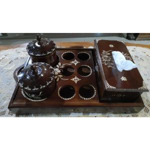 MD2H- Tempat Aqua   Gelas 1set 3in1 tisu+toples  Kayu Jati Asli Blora isi 6