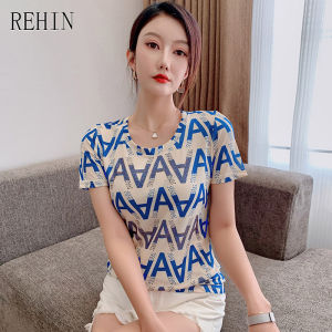 REHIN Womens T-shirt new Summer fashion unique printing short-sleeved T-shirt hot drill round-neck slim fit cotton tops