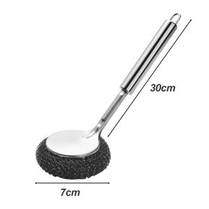 【 In Stock 】Kitchen Stainless Steel Long Handle Pot Brush Dishwashing Cleaning Brush Large Steel Ball Pot Brush