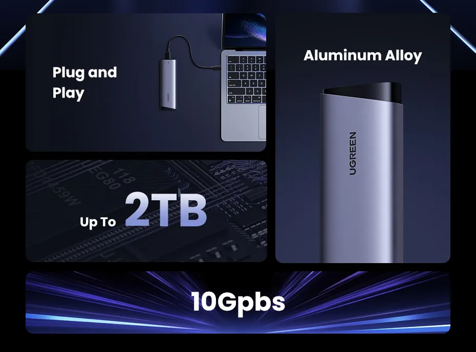 UGREEN 10Gbps Dual Protocol M.2 NVME and SATA SSD Case USB3.2 Gen2 Compatible with M.2 M-Key(NVME)/M&B-Key(SATA) Model: 15813