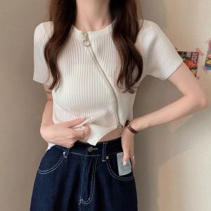 Áo Len Nữ Cộc Tay Cổ Tròn Có Khóa Kéo Chéo Siêu Cá Tính - LCXA197