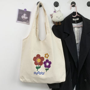 Pocket Canvas Tote Bag Cute Print Korean Style Student Shoulder Bag Casual Shopping Bag Large Capacity Travel Bag 学生手提袋