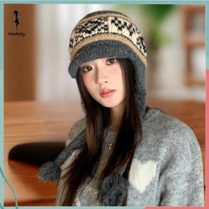 ส่วนลด 10 บาท สำหรับการซื้อ 1 ชิ้น หมวกผ้าแจ็คการ์ดแบบถักสำหรับผู้หญิงหมวกอบอุ่นป้องกันหูแนววินเทจหมวกคลุมศีรษะกันลม