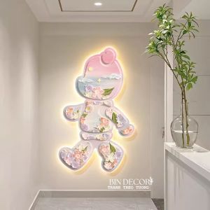 (HÌNH THẬT) Tranh treo tường đèn led gấu bearbrick hoa sắc màu trang trí decor kèm đinh