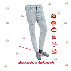 Quần jean nam XANH BẠC RÁCH A-71 thời trang siêu đẹp chuẩn quần bò nam dài chất giãn có size đại Az