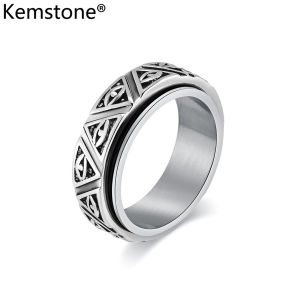 Kemstone Men Rotatable Rings Ancient Egyptian Mythology Horus Eye Stainless Steel Triangle Pyramid Guardian Gold Plated Ring Jewelry
