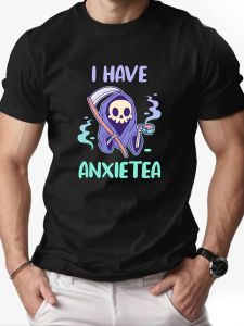 ‌Men 100% Cotton Oversized T-Shirt O-Neck ANXIETEA Graphic Print Streetwear Casual Loose Fit Summer Tee Top for Daily Wear‌