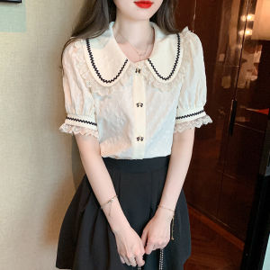 AMMIN Korean Style Sweet hook flower Hollowed out lace stitching lapel commuting chiffon shirt womens Korean style bow button Sweet Bubble sleeve short sleeve chic elegant blouse