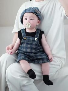 Korean-style boys summer clothing 2026 Baby overalls shorts for infants and toddlers cool and trendy plaid casual shorts