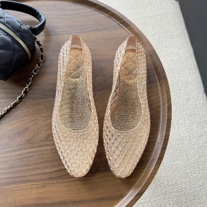 [Free Shipping] Summer Pointed-Toe Jelly Shoes For Women Hollow Flat-Bottomed Closed-Toe Crystal Perforated Single Shoes Transparent Low-Cut Beach Sandals