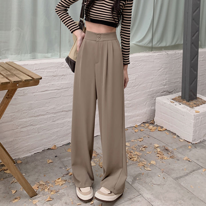 LAREINE Women Trousers Korean Casual Style High Waist Elastic