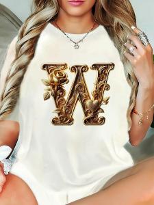Chic Rose & Heart \"W\" Crew Neck Tee - Soft Loose Fit Short Sleeve Machine Washable Women's Top for Spring Summer & Fall White Polyester Blend with Elegant Golden Design Everyday Top | Decorative Women's Tee | Stretchable Top Ladies T Shirts