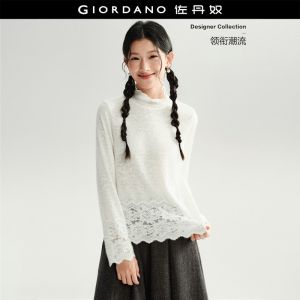 GIORDANO Women T-Shirts Lace Jacquard Trim Knit Tee Lettuce High Neck Long Sleeve Fashionable Casual T-Shirts 18326530