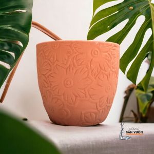 Chậu Gốm Đất Nung Dáng Vót Vân Hoa Mặt Trời - Gốm Sứ Sân Vườn - GSSV