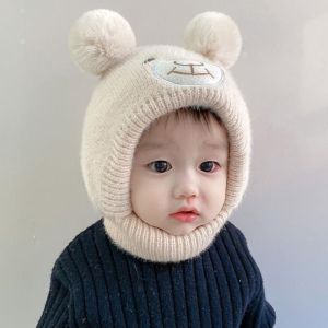 SWEET TIM สีทึบทึบ หมวกป้องกันหูเด็ก หมีสำหรับเด็ก ผ้าขนสัตว์ขนแกะ หมวกโครเชต์เด็ก เก็บความอบอุ่น ปกคอ หมวกบีนนี่เด็ก เด็กวัยหัดเดิน