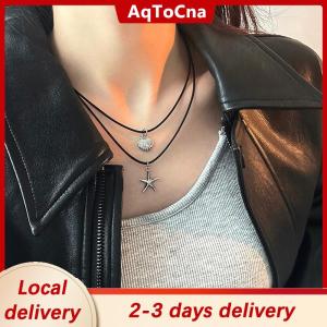 [COD] AqToCna Ship within 24 hours Retro Black Rope Heart Shell Pendant Necklace For Women Starfish Clavicle Chain Necklace Trendy Accessories Gift