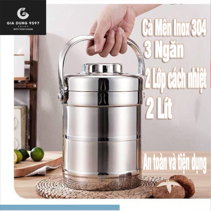 Cà mên Inox 2 lớp cách nhiệt 3 tầng dung tích 2L, cặp lồng đựng cơm 3 ...