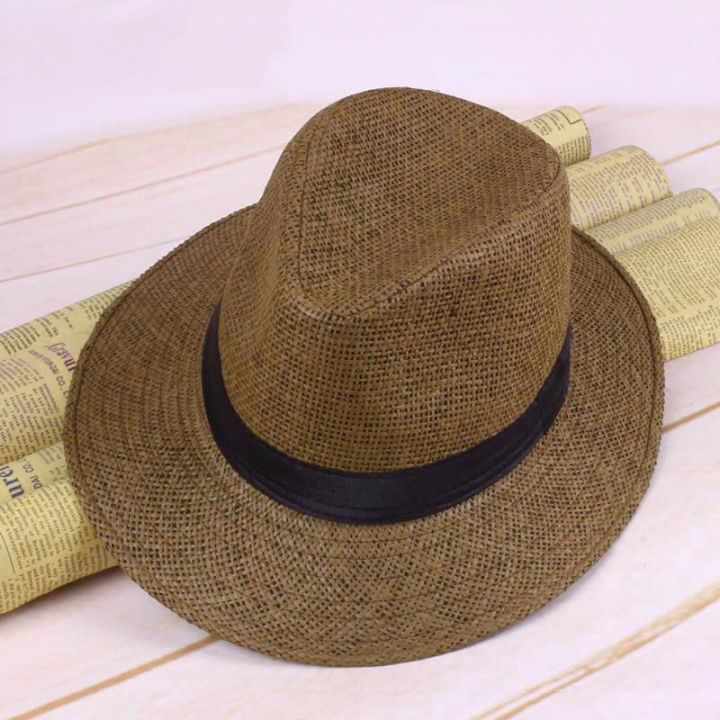 Men Straw Panama Hat Handmade Cowboy Cap Summer Beach Travel