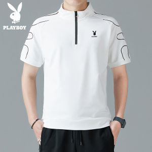 PLAYBOY Summer Mens Stand Collar Sports T-shirt Solid Color Cotton Large Size Casual Korean Version Shows Temperament Short Sleeves